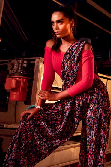 Floral Printed Pleated Sari Pant